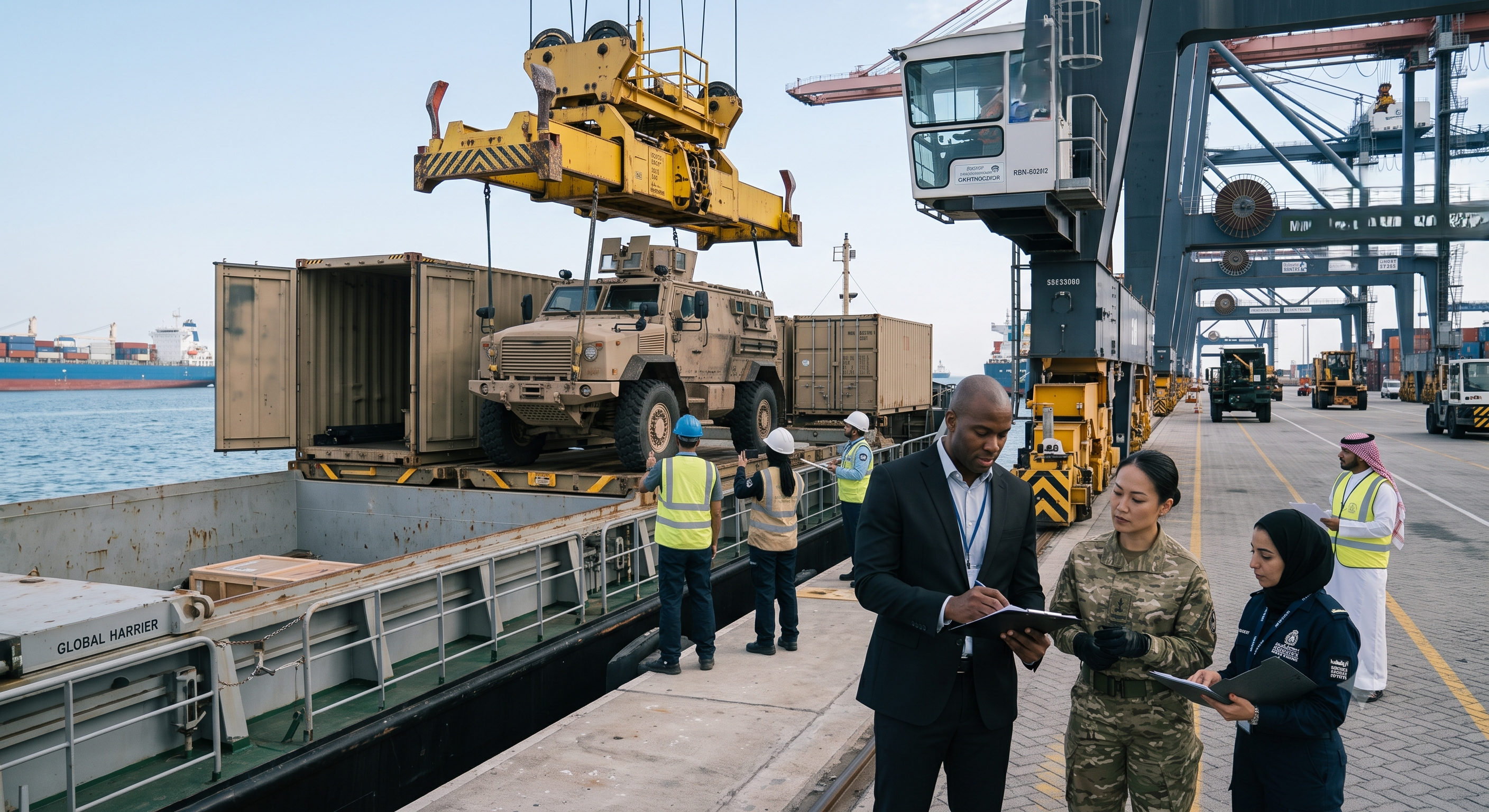 Military convoy at a forward operating base with armoured vehicles and logistics personnel