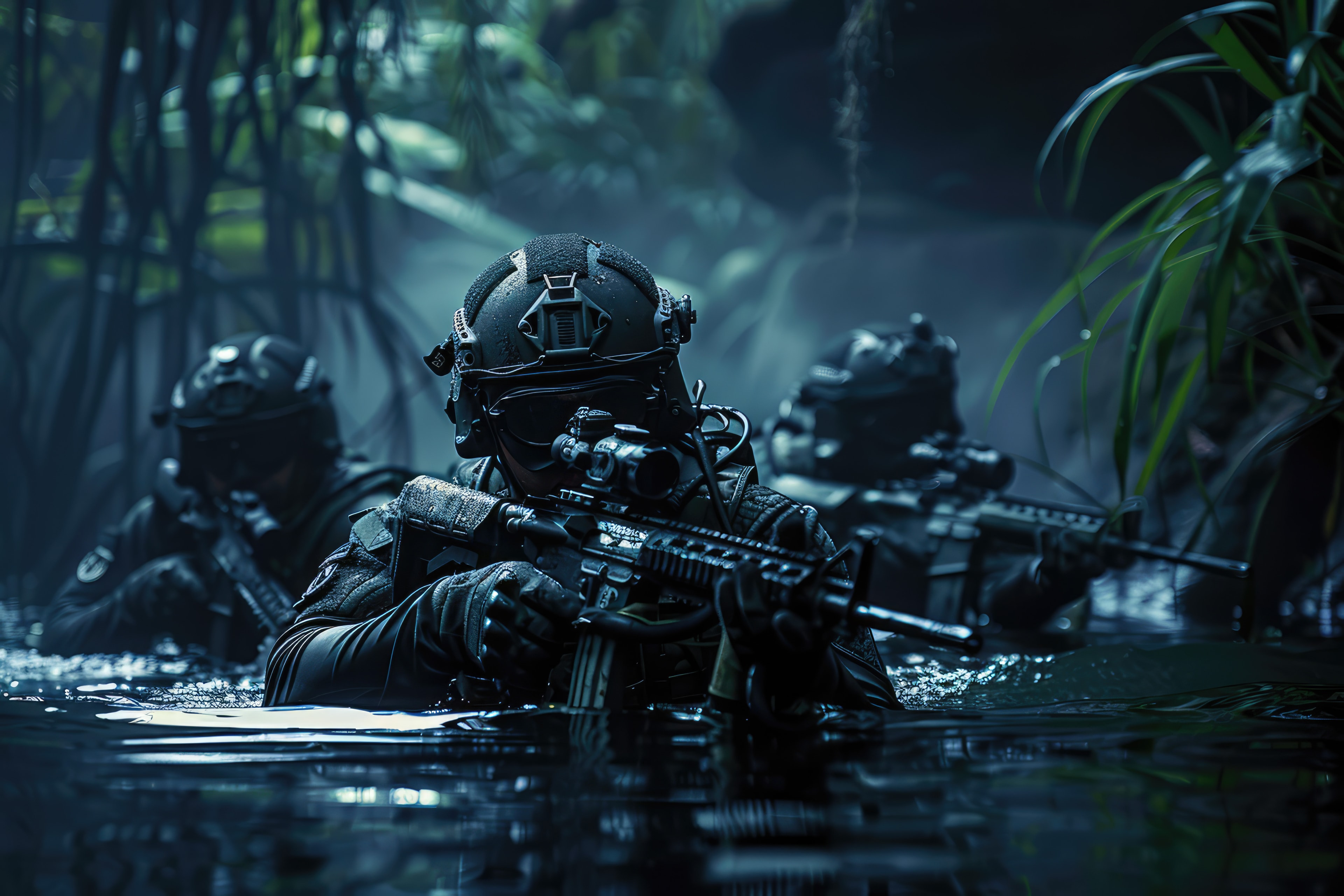 Dark military intelligence operations centre with analysts monitoring geopolitical risk dashboards