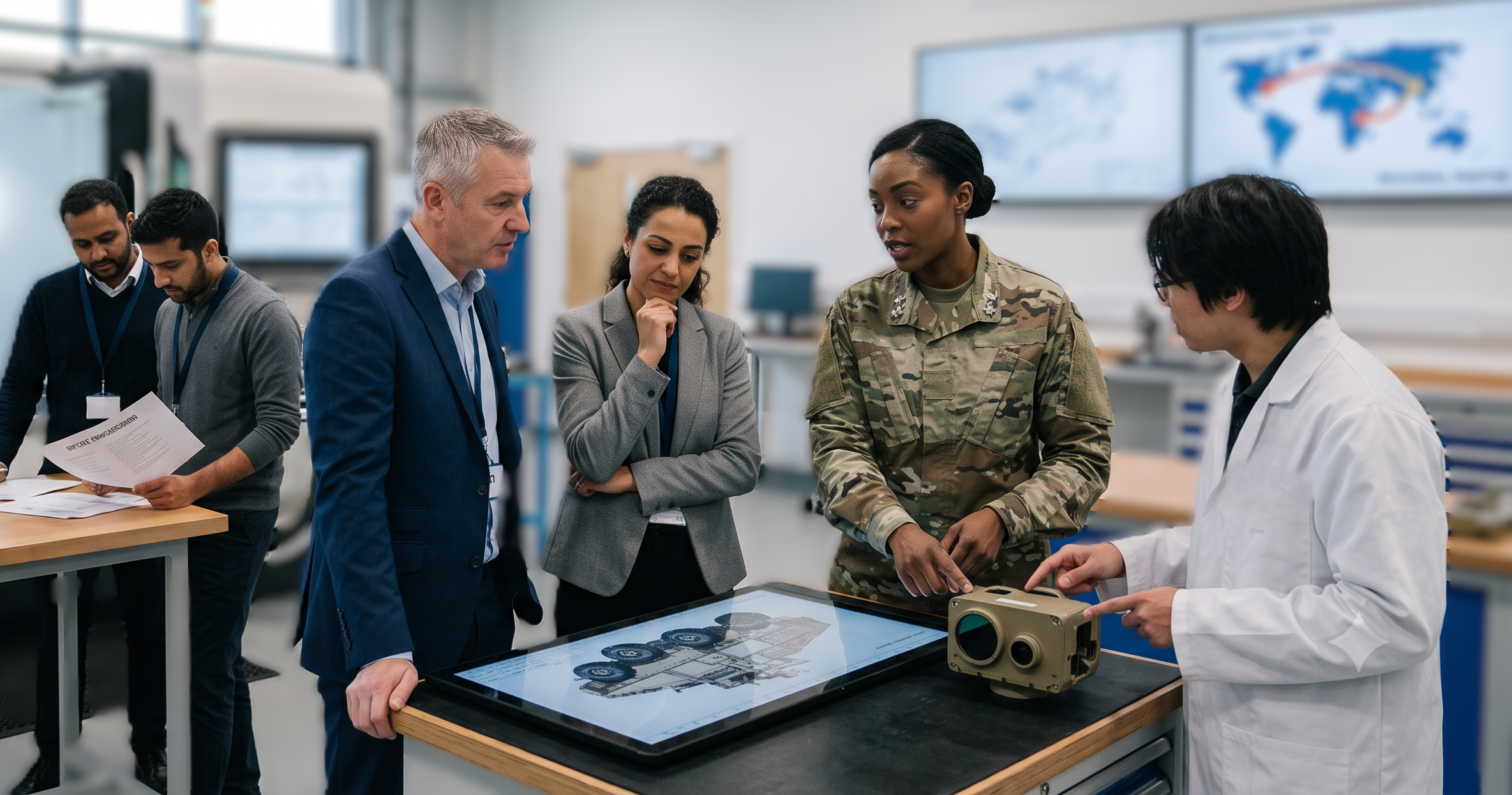Aerospace engineers and GCC officials reviewing licensed production schematics in a secure facility
